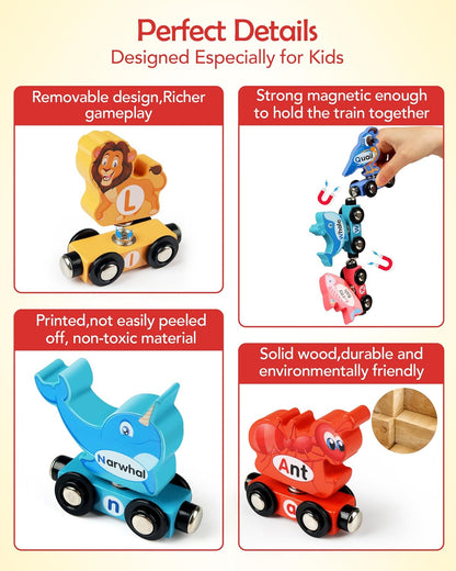Helsort 27 PCS Magnetic Wooden Alphabet Train Set, ABC Learning Toy with 42 Flash Cards, 1 Engine and Storage Bag, Educational Letter Toy Trains for Toddlers, Boys Girls, Ideal Gift for 3-7 Year Olds