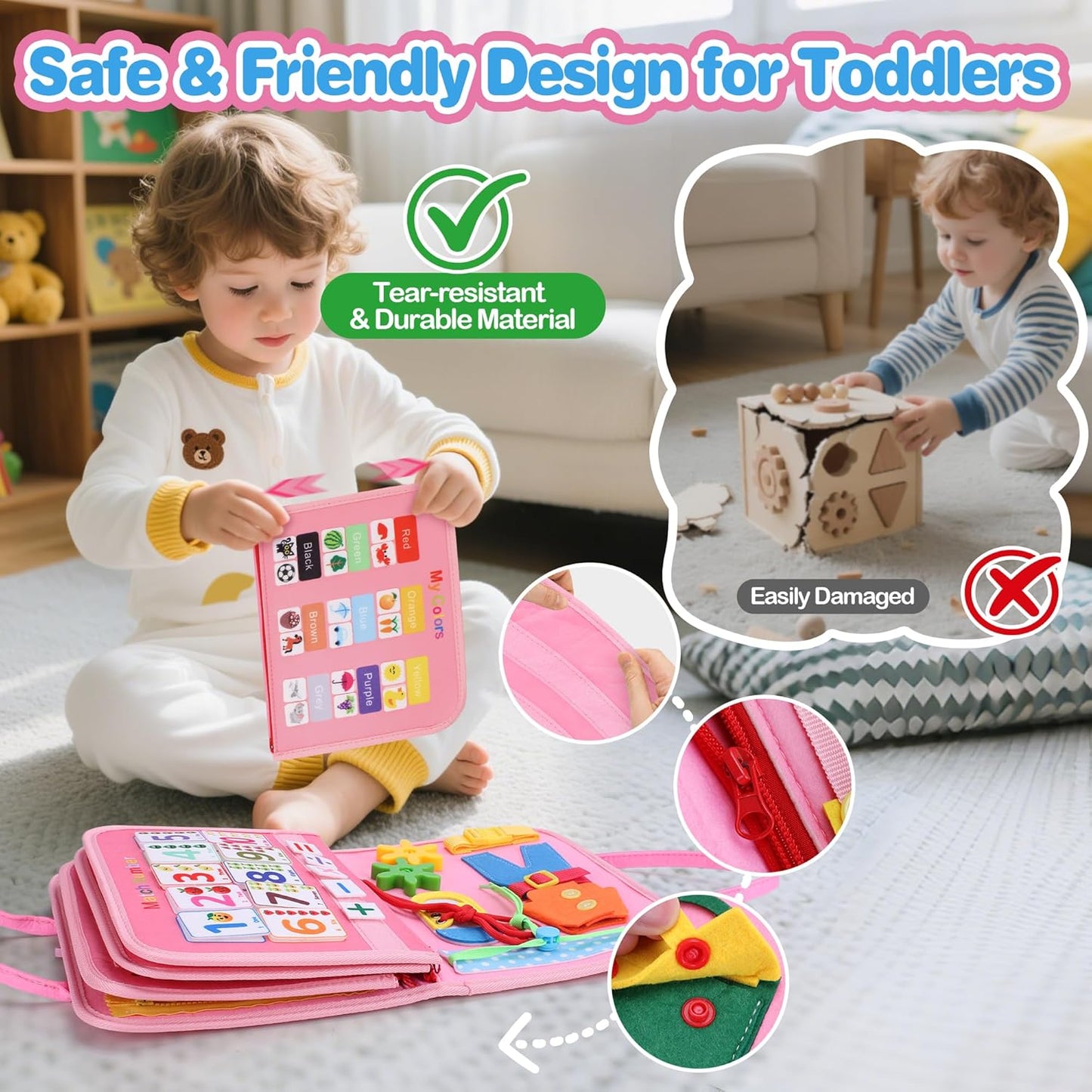 GONINO Toddler Busy Board Montessori Toys for 1-3 Year Old, Dinosaur Space Busy Book with 23 Activities for Learning Fine Motor Skills, Sensory Travel Toys for Airplane Car, Gifts for Boys Girls, Blue
