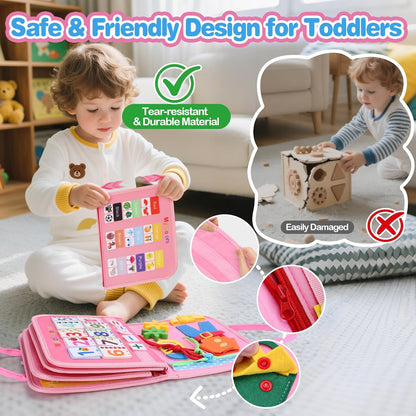 GONINO Toddler Busy Board Montessori Toys for 1-3 Year Old, Dinosaur Space Busy Book with 23 Activities for Learning Fine Motor Skills, Sensory Travel Toys for Airplane Car, Gifts for Boys Girls, Blue