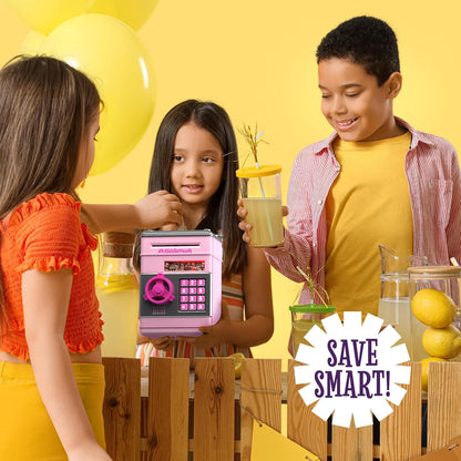 Piggy Bank for Kids - Electronic Money Saving Box w/Code- ATM Safe - Toy Coin Bank - Toys for Girls Age 3, 4, 5, 6, 7 - Birthday Gifts for 8, 9, 10, 11, 12 Year Old Girl (Pink & Silver)