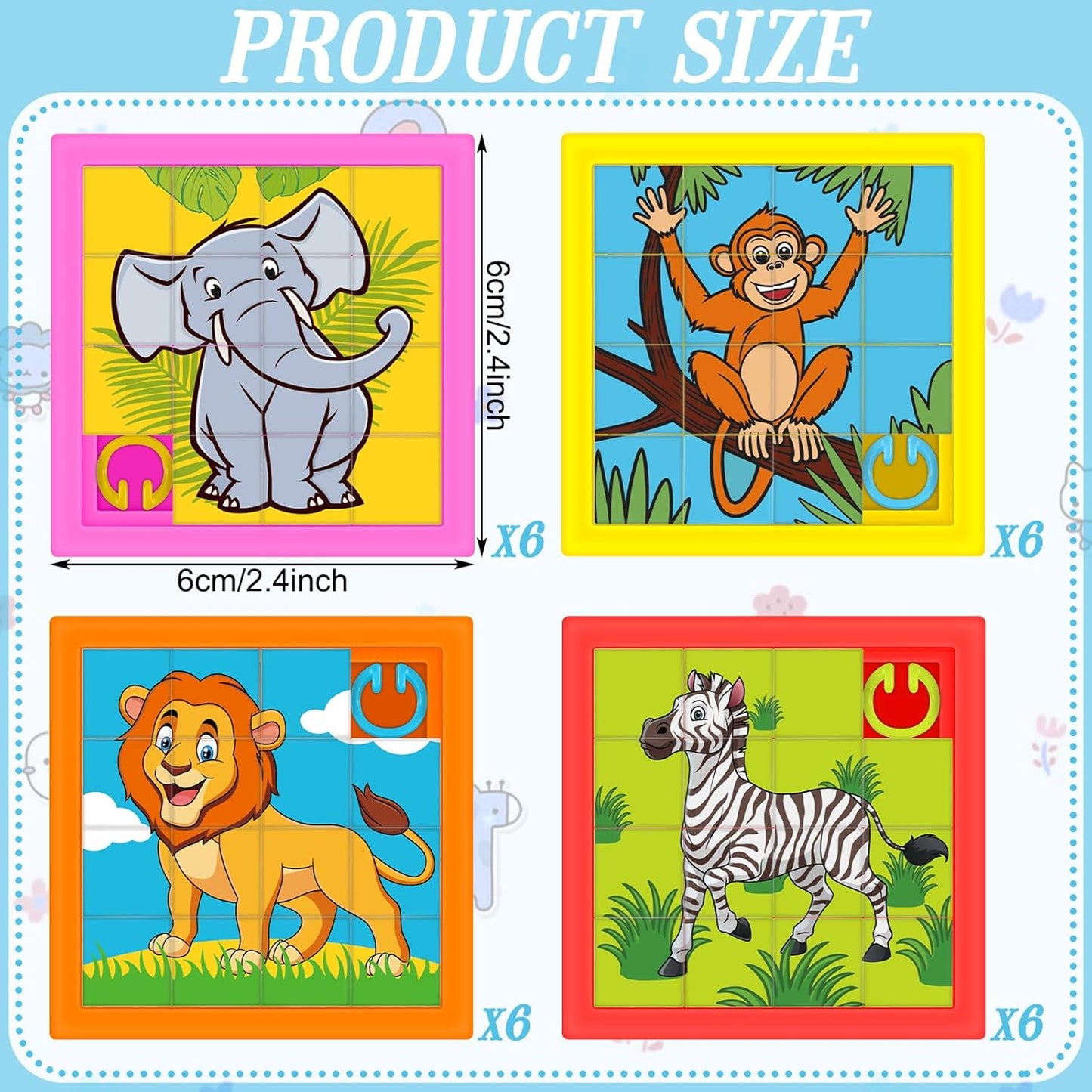 Simgoing 24 Pieces Animals Slide Puzzle Fun Brain Teaser Toys Games Monkey Zebra Lion Elephant Cute Pattern, Develops Problem-Solving Skills for Homeschool Classroom VBS Learning, 2.4 x 2.4 Inch