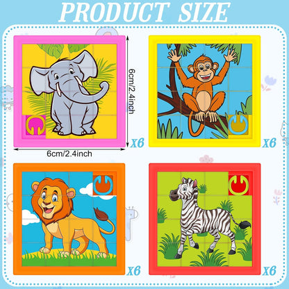 Simgoing 24 Pieces Animals Slide Puzzle Fun Brain Teaser Toys Games Monkey Zebra Lion Elephant Cute Pattern, Develops Problem-Solving Skills for Homeschool Classroom VBS Learning, 2.4 x 2.4 Inch