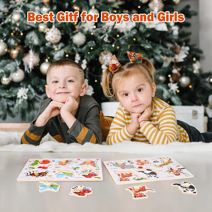 Wooden Peg Puzzles for Toddlers 1-3, 6 PCS Toddler Puzzles Set(Vegetables, Numbers, Fruits, Insects, Sea and Animals), Great Preschool Learning Puzzle Toys for Girls and Boys