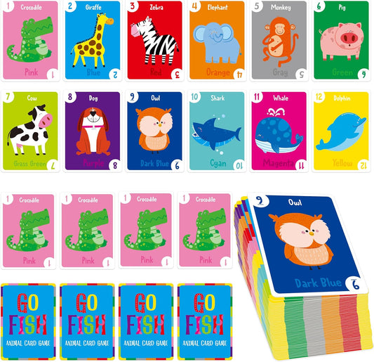 Animal Go Fish Card Game, 48 Animal Themed Cards with Word, Color, Number-Letters Fun Memory Matching Game for Kids Learning, Party Game, Family Gathering, Game Night, Classroom Activities