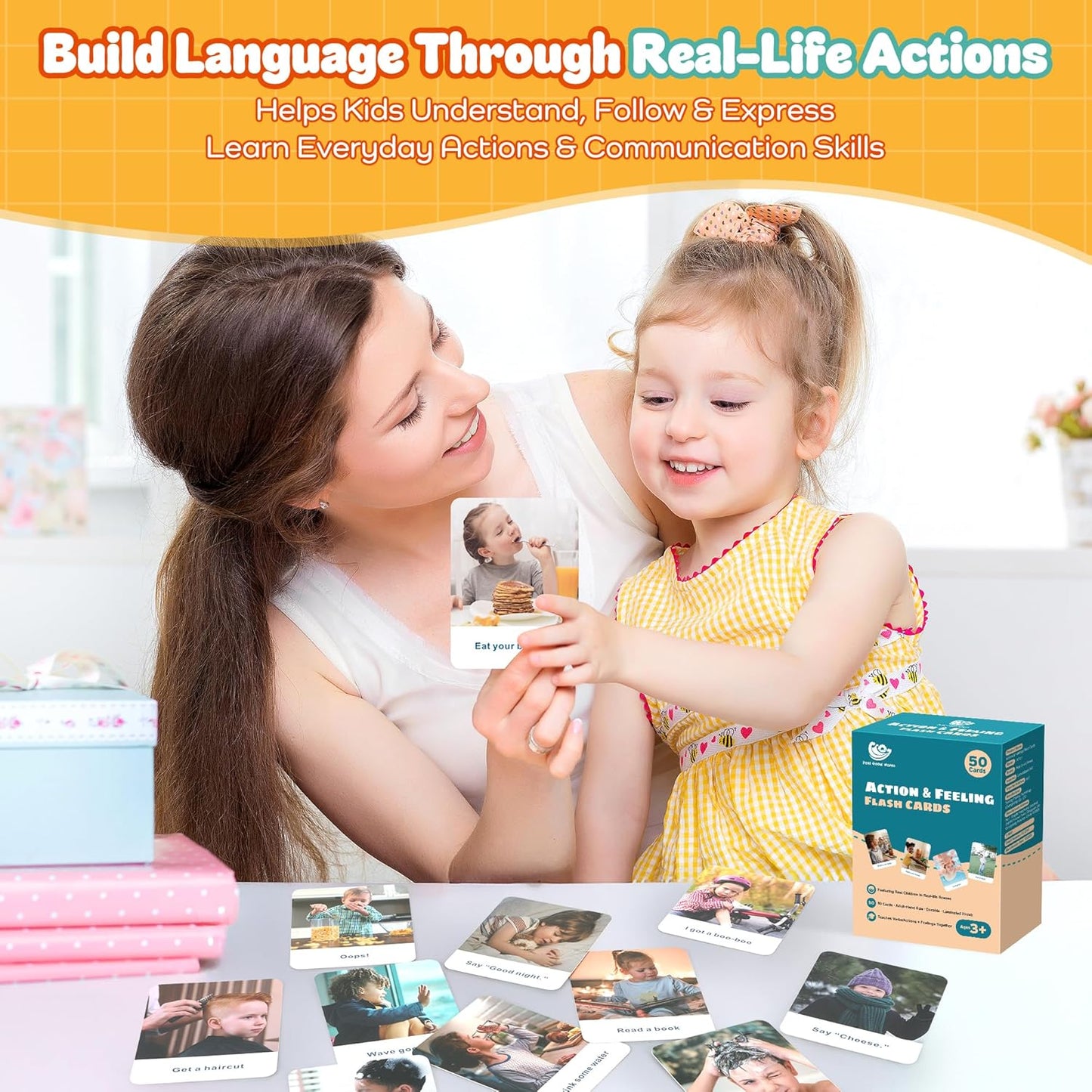 Actions Flash Cards for Kids (Ages 3-7), 50 Real-Life Photo Cards for Speech & Language Development, Based on Total Physical Response (TPR) Learning Approach, Support Daily Feelings