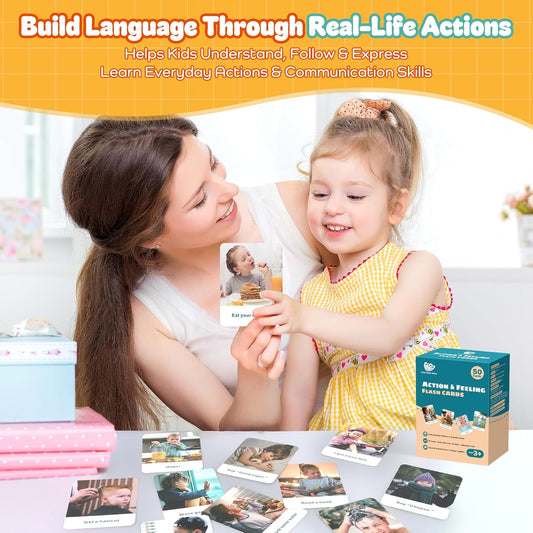 Actions Flash Cards for Kids (Ages 3-7), 50 Real-Life Photo Cards for Speech & Language Development, Based on Total Physical Response (TPR) Learning Approach, Support Daily Feelings