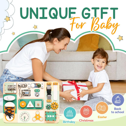 Montessori Busy Board for Baby & Toddlers 1-3 - Wooden Sensory Activity Board with 13 Activities, Real Metal Locks & Latches - Fine Motor Skills Educational Toy for 1 2 3 Year Old - Travel Friendly