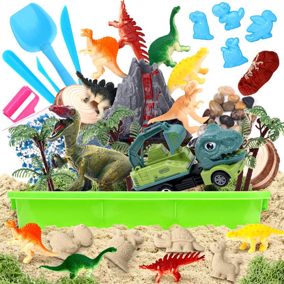 TUZT Dinosaur Sensory Bin & Play Sand Toy Kits for Toddlers Kids - 2lbs Magic Sand & Play Set, 10 Dino Molds & 7 Sand Models with Truck, Christmas Birthday Sandbox Gift for Boys Girls 3+ Years Old
