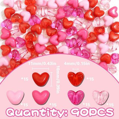 90PCS Heart Hair Beads for Braids Blue Pink Loc Dreadlock Valentine's Day Bead Accessories Purple Cute Acrylic Heart Shape Beads for Kids Girls