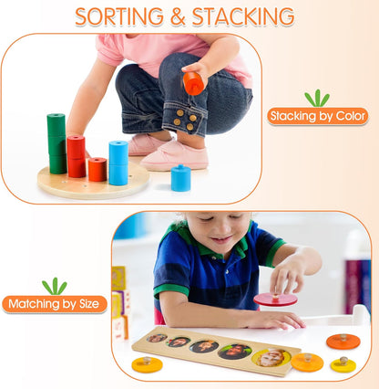 WOODMAM Montessori Toys for Babies 7-12 Months, 9 in 1 Educational Wooden Toys Set, Includes Object Permanent Box, Stacking Cups, Mirror Puzzle, Ring Stacker and More