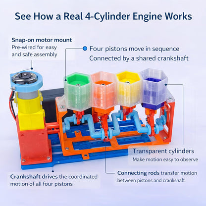 4-Cylinder Working Engine Model DIY Assembly STEM Kit for Kids Ages 8–14, Build with Moving Pistons and Crankshaft, Hands-On Mechanical Engineering Learning Kit