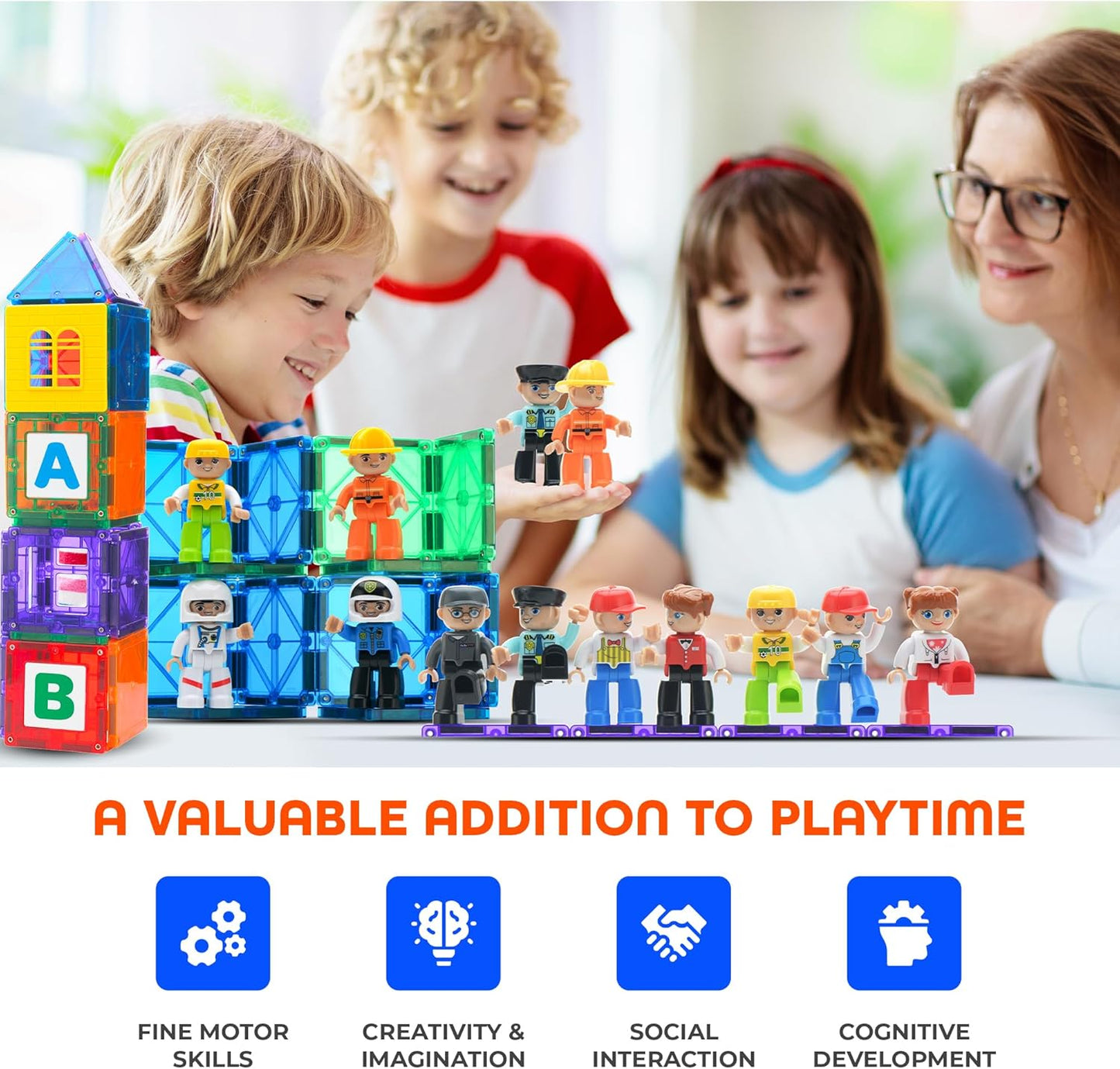 Playmags Magnetic Tiles for Kids 100-Piece Set, STEM Educational Building Blocks Toys for Kids, Includes Click-in ABC Learning Tiles, Gift for Boys & Girls, Add on Magnetic Figures, Car Set Available