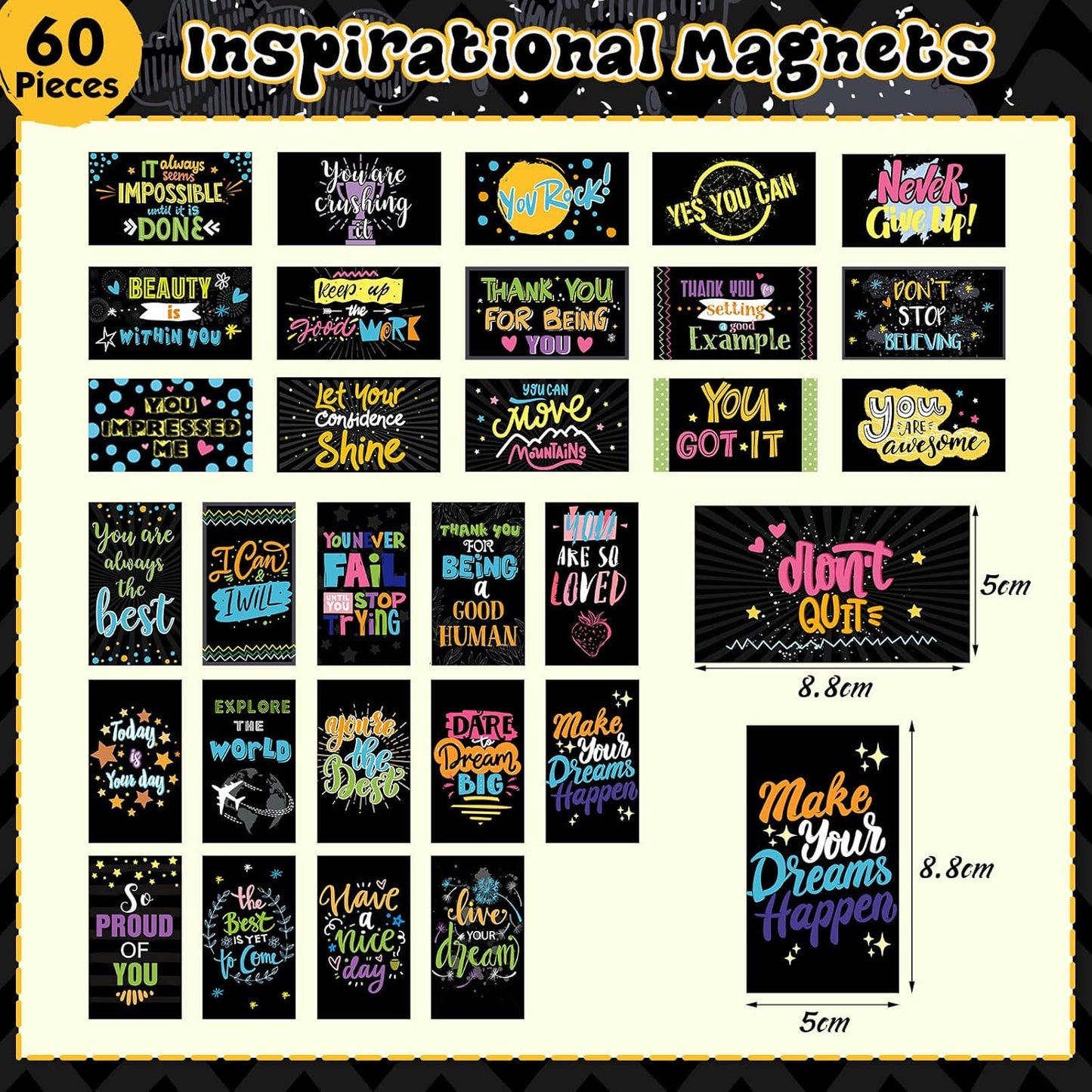 Xuhal 60 Pcs Inspirational Magnets Bulk Rectangle Positive Affirmation Magnets Decals Decorative Inspiring Quotes Fridge Magnetic Stickers for Adults Students Team Motivational Gifts (Classic)