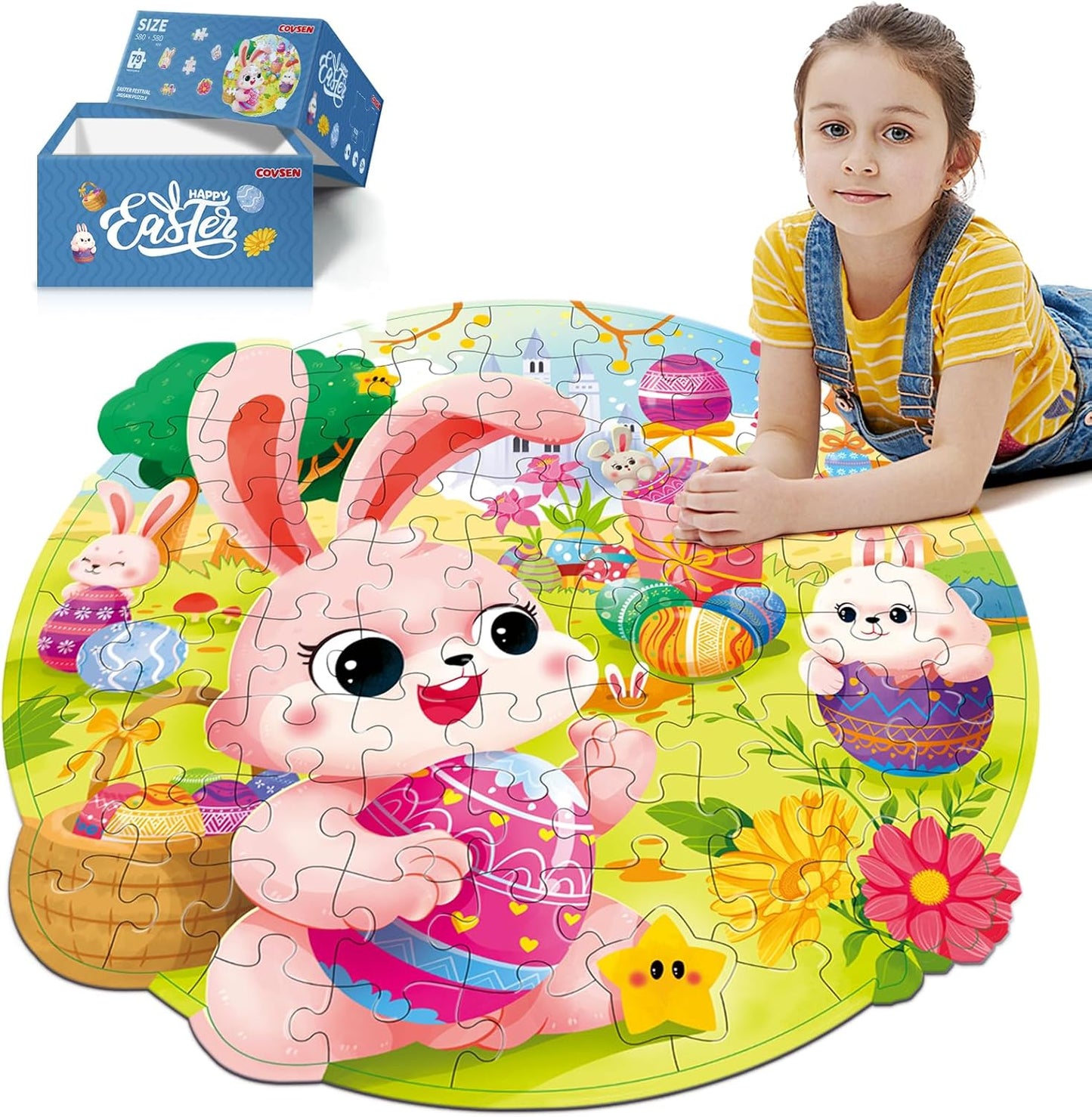 Easter Puzzles for Kids Ages 4-8, Easter Basket Stuffers 79 Pieces Kids Floor Puzzles Ages 4-6, Large Round Jigsaw Puzzles for Toddler, Bunny Puzzle Educational Toys Gifts for Girls Boys