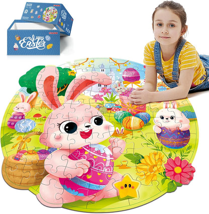 Easter Puzzles for Kids Ages 4-8, Easter Basket Stuffers 79 Pieces Kids Floor Puzzles Ages 4-6, Large Round Jigsaw Puzzles for Toddler, Bunny Puzzle Educational Toys Gifts for Girls Boys