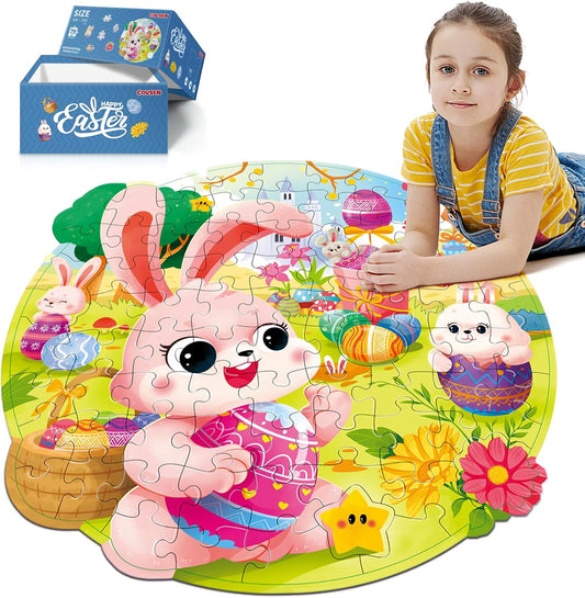 Easter Puzzles for Kids Ages 4-8, Easter Basket Stuffers 79 Pieces Kids Floor Puzzles Ages 4-6, Large Round Jigsaw Puzzles for Toddler, Bunny Puzzle Educational Toys Gifts for Girls Boys