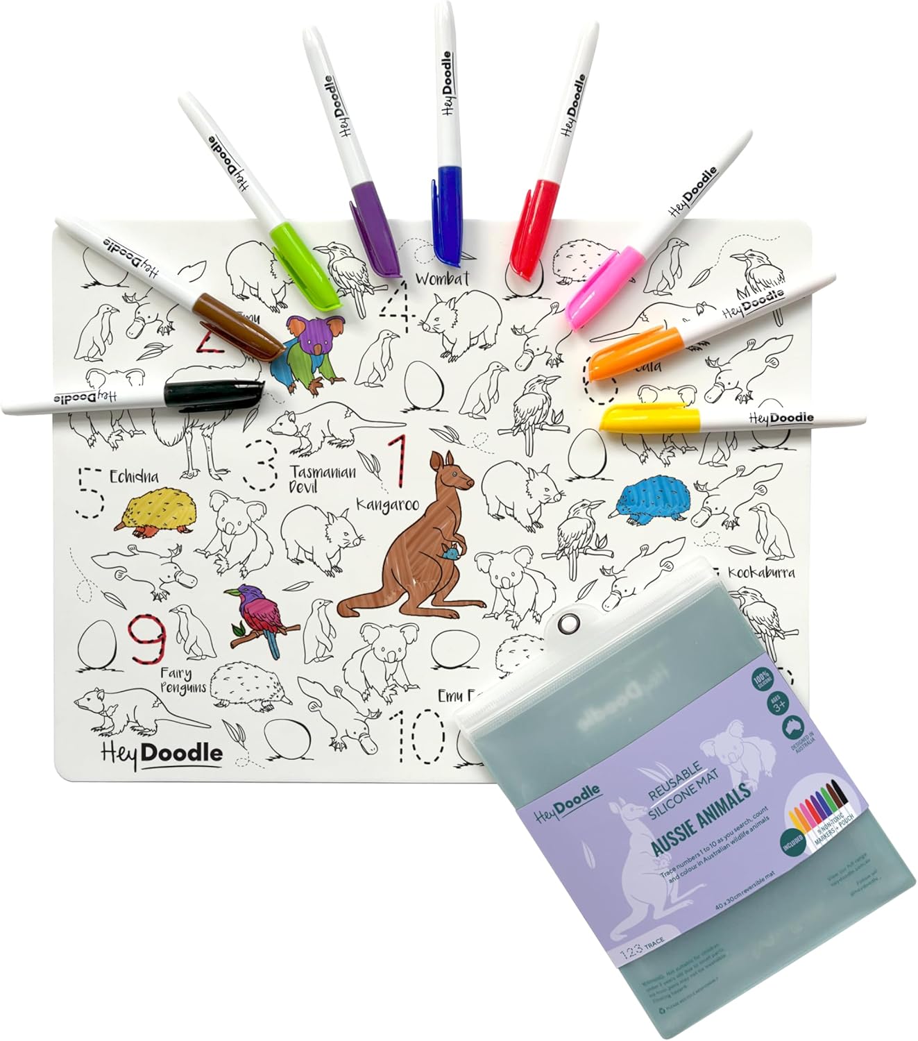 HeyDoodle Into The Wild Classic Doodle Mat – Reusable Silicone Alphabet Coloring Mat for Toddlers and Kids – Educational Animal Activity Pad with 9 Markers – Mess-Free Travel Toy – Ages 3-7