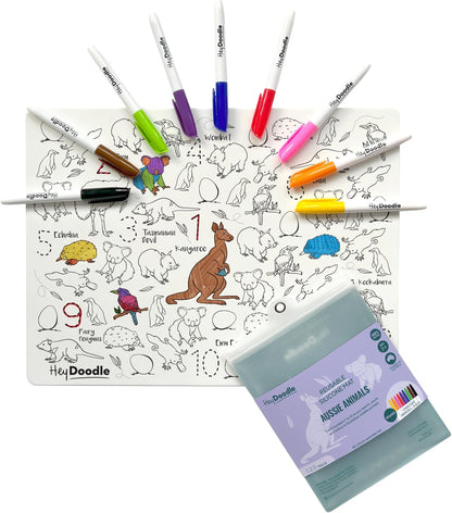 HeyDoodle Into The Wild Classic Doodle Mat – Reusable Silicone Alphabet Coloring Mat for Toddlers and Kids – Educational Animal Activity Pad with 9 Markers – Mess-Free Travel Toy – Ages 3-7