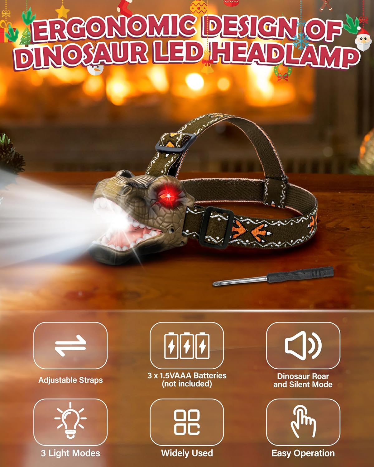 LED Dinosaur Headlamp for Kids, Children's Toy Flashlight T-Rex Dinosaur Toys for Age 3 4 5 6 7 8 9 Years Old Kids, Camping Hiking Gear for Boys Girls