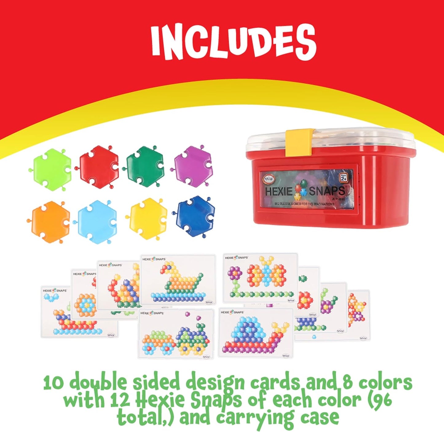 Popular Plaything Pattern Blocks Puzzle Building Educational Toy Stem Gift for Kids 2-6 92 Pieces & Carrying Case - Hexie-Snaps