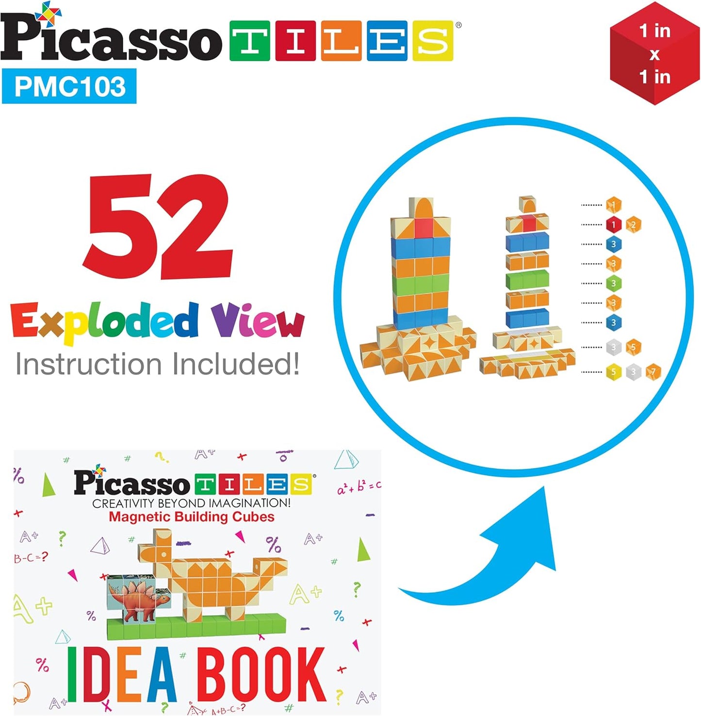 PicassoTiles 60pc Magnetic Puzzle Cube Building Set 1 Inch 3D Blocks STEM Construction Toy for Toddlers Kids Boys Girls Age 3+ Montessori Learning Travel Sensory Gift with Educational Idea Book PMC60