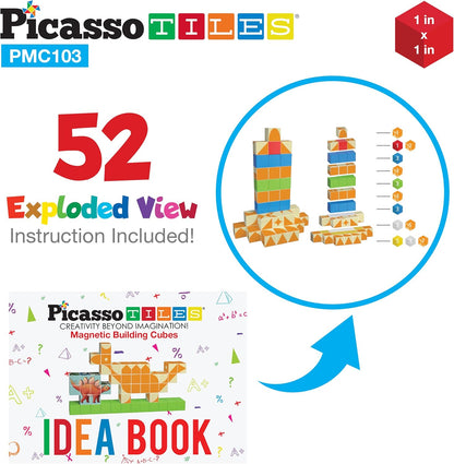 PicassoTiles 60pc Magnetic Puzzle Cube Building Set 1 Inch 3D Blocks STEM Construction Toy for Toddlers Kids Boys Girls Age 3+ Montessori Learning Travel Sensory Gift with Educational Idea Book PMC60