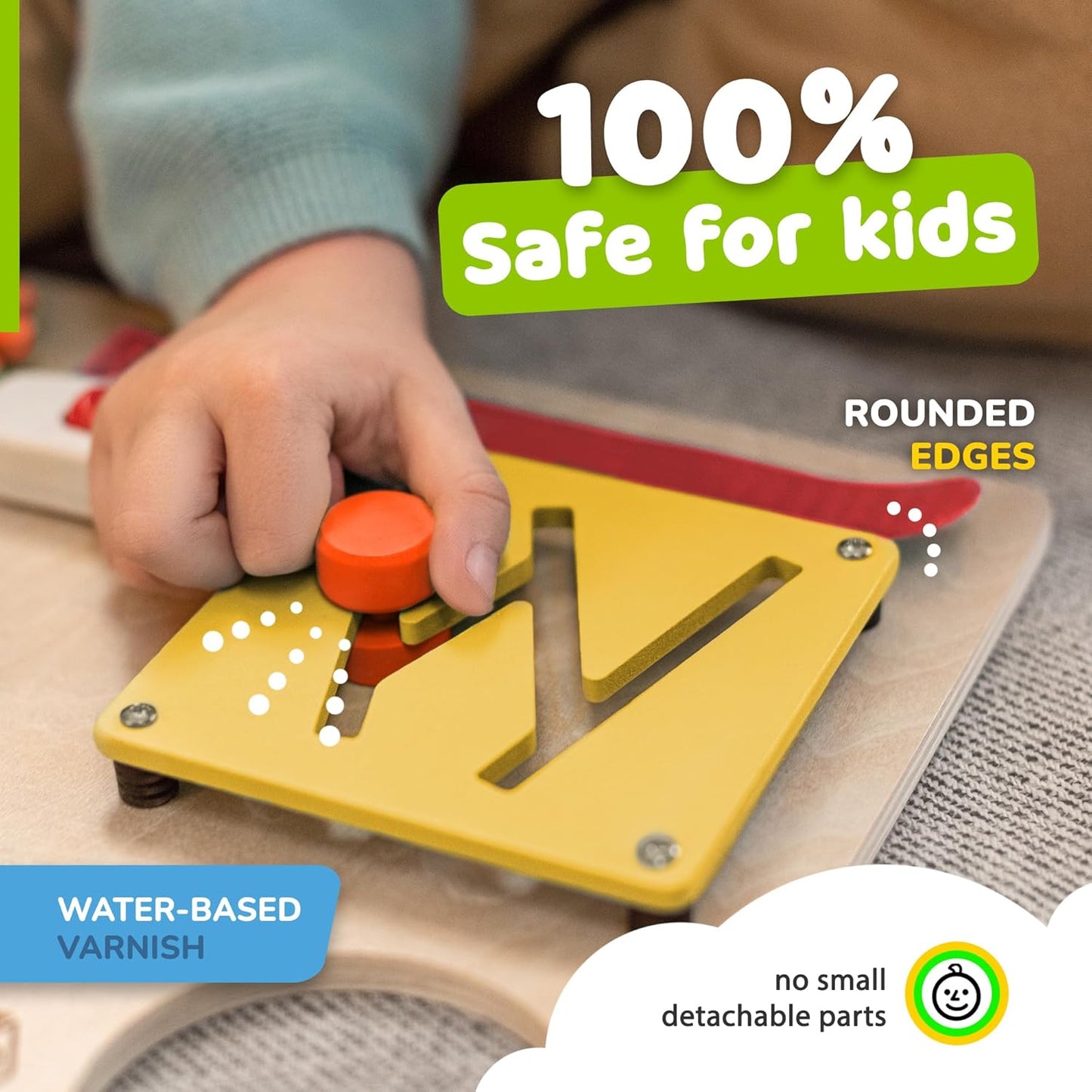 deMoca Toddler Busy Board for 1 Year Old, Travel Baby Wooden Montessori Busy Board for Toddlers 1–3, Switch and Fidget Activities for Early Motor Skills and Travel Play
