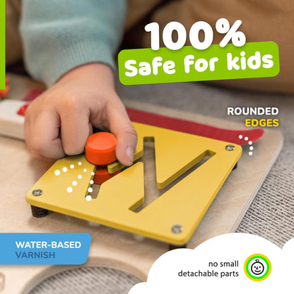 deMoca Toddler Busy Board for 1 Year Old, Travel Baby Wooden Montessori Busy Board for Toddlers 1–3, Switch and Fidget Activities for Early Motor Skills and Travel Play