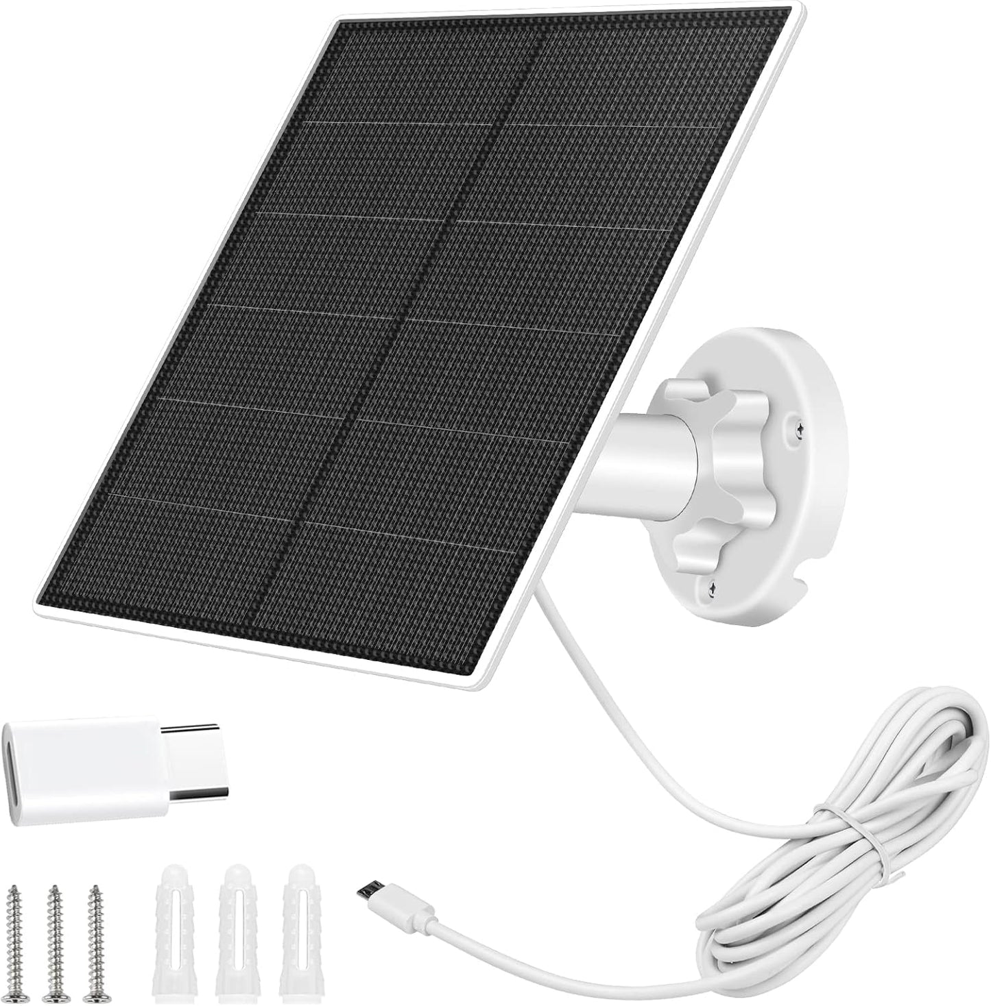 Solar Panel Charger for Security Camera Outdoor, 5W Solar Panels with Micro USB & USB C Adapter for DC 5V Rechargeable Battery Camera, IP65 Waterproof, 360°Adjustable Mounting, 9.8 Ft Charging Cable