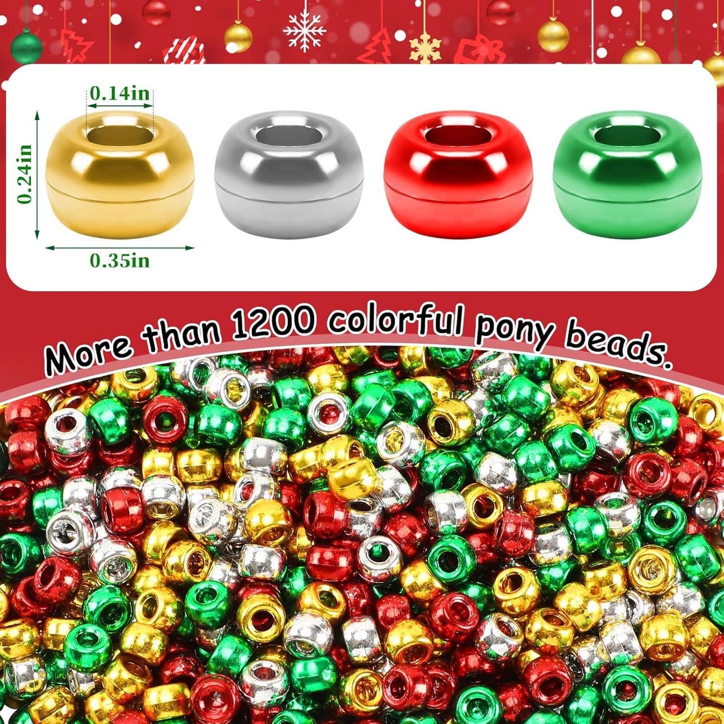 UPINS 1200Pcs Christmas Pony Beads Friendship Plastic Small Hair Beads Red Green White Pony Beads for Necklace Supplies (Christmas)