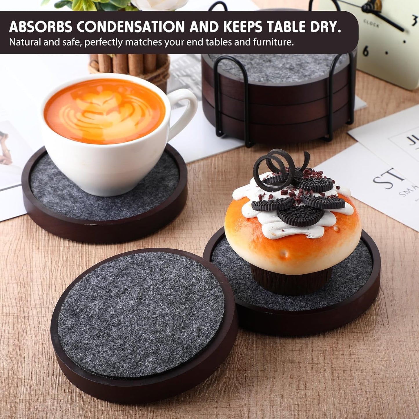 Patelai 12 Pcs Wooden Drink Coasters Set 4.3'' Absorbent and Insulation Felt Stackable Cup Holders for Tabletop Protection, Rustic Glass Coaster for Coffee, Home Decoration