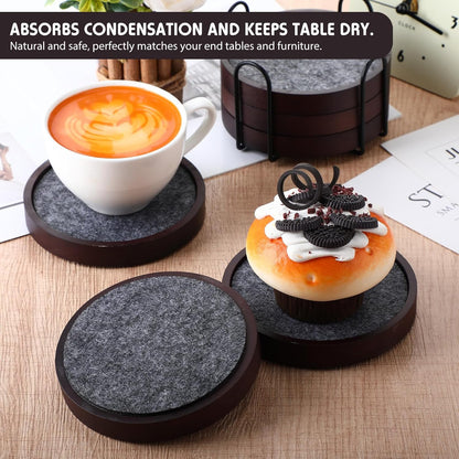 Patelai 12 Pcs Wooden Drink Coasters Set 4.3'' Absorbent and Insulation Felt Stackable Cup Holders for Tabletop Protection, Rustic Glass Coaster for Coffee, Home Decoration