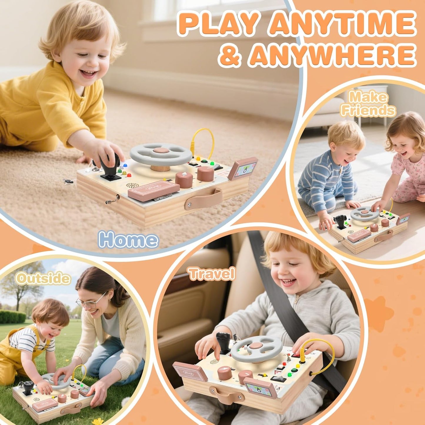 Joyreal Wooden Busy Board with LED Light, Montessori Toddler Toys, Wooden Sensory Board, Toddlers Activity Travel Toys for Boy & Girl Birthday Gift (Farm Theme)