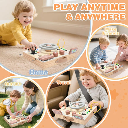 Joyreal Wooden Busy Board with LED Light, Montessori Toddler Toys, Wooden Sensory Board, Toddlers Activity Travel Toys for Boy & Girl Birthday Gift (Farm Theme)