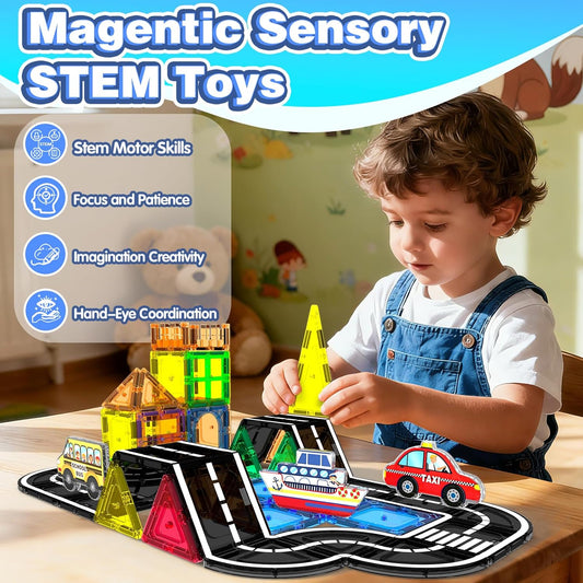 Goodtiles Magnetic Tiles Road Expansion Set, STEM Magnetic Building Blocks for Kids Ages 3-5 4-8 5-7, Preschool Learning Sensory Kids Toys for Toddler Birthday