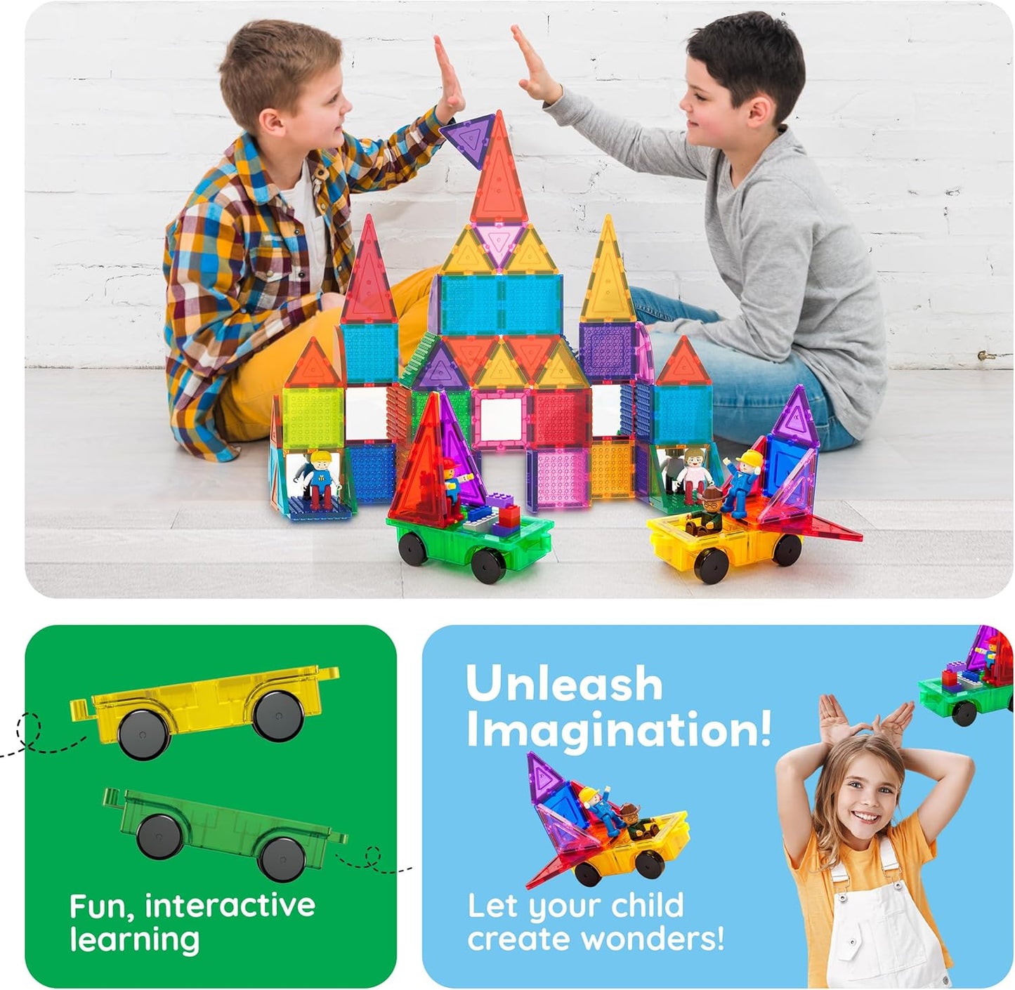 PicassoTiles 2 Piece Car Truck Construction Kit Toy Set Vehicle for Magnetic Blocks Building Tile Sensory Magnet Toys with Re-Enforced Hitch & Long Bed Educational Puzzle Girls Boys Toddlers Ages 3+