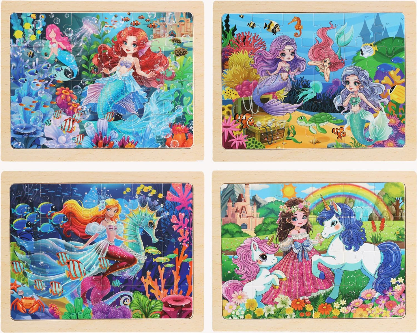 4 Sets of Wooden Puzzles, Each Set has 24 Pieces, Including Castle Unicorn Princess, for Toddlers 3-5, Puzzles for Kids Ages 4-6, Preschool Educational Brain Teaser Toys for Girls 3 4 5 6 Years Old.