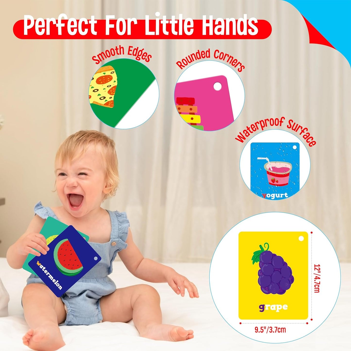 50 PCS Kid First Cognitive Flashcards,Double Sided Printed 7 in 1 Colorful Cards Alphabet,Numbers, Foods,Animals,Shapes,Colors with 3 Reclosable Rings,Learning Tool for Pre-K Kindergarten Toddlers