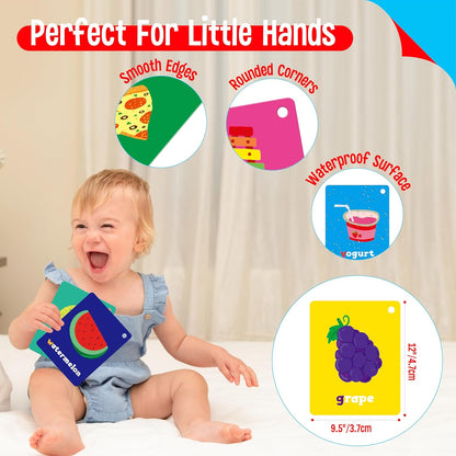 50 PCS Kid First Cognitive Flashcards,Double Sided Printed 7 in 1 Colorful Cards Alphabet,Numbers, Foods,Animals,Shapes,Colors with 3 Reclosable Rings,Learning Tool for Pre-K Kindergarten Toddlers