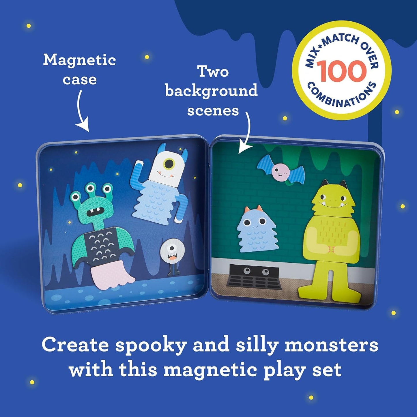 Petit Collage Magnetic Play Set, Monsters – Mix & Match Magnetic Game Board, Ideal for Ages 3+ – Includes 2 Magnetic Scenes and Over 25 Magnet Pieces, Ideal Travel Activity for Kids