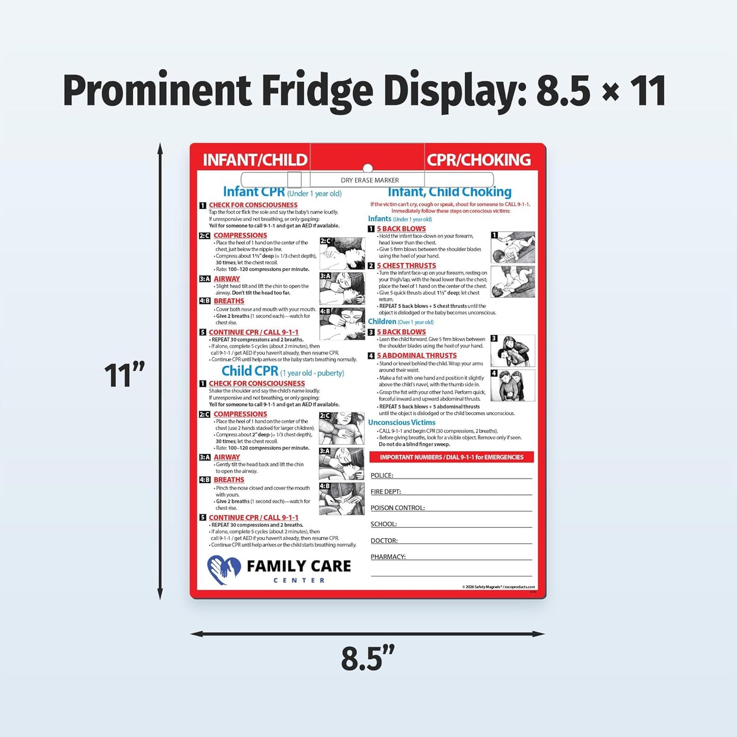 Safety Magnets by ZOCO – Infant and Child CPR & Choking Magnet – Laminated 8.5"x11" Emergency Numbers Fridge Card – First Aid Heimlich Maneuver for Parents, Caregivers, Daycare, Babysitters