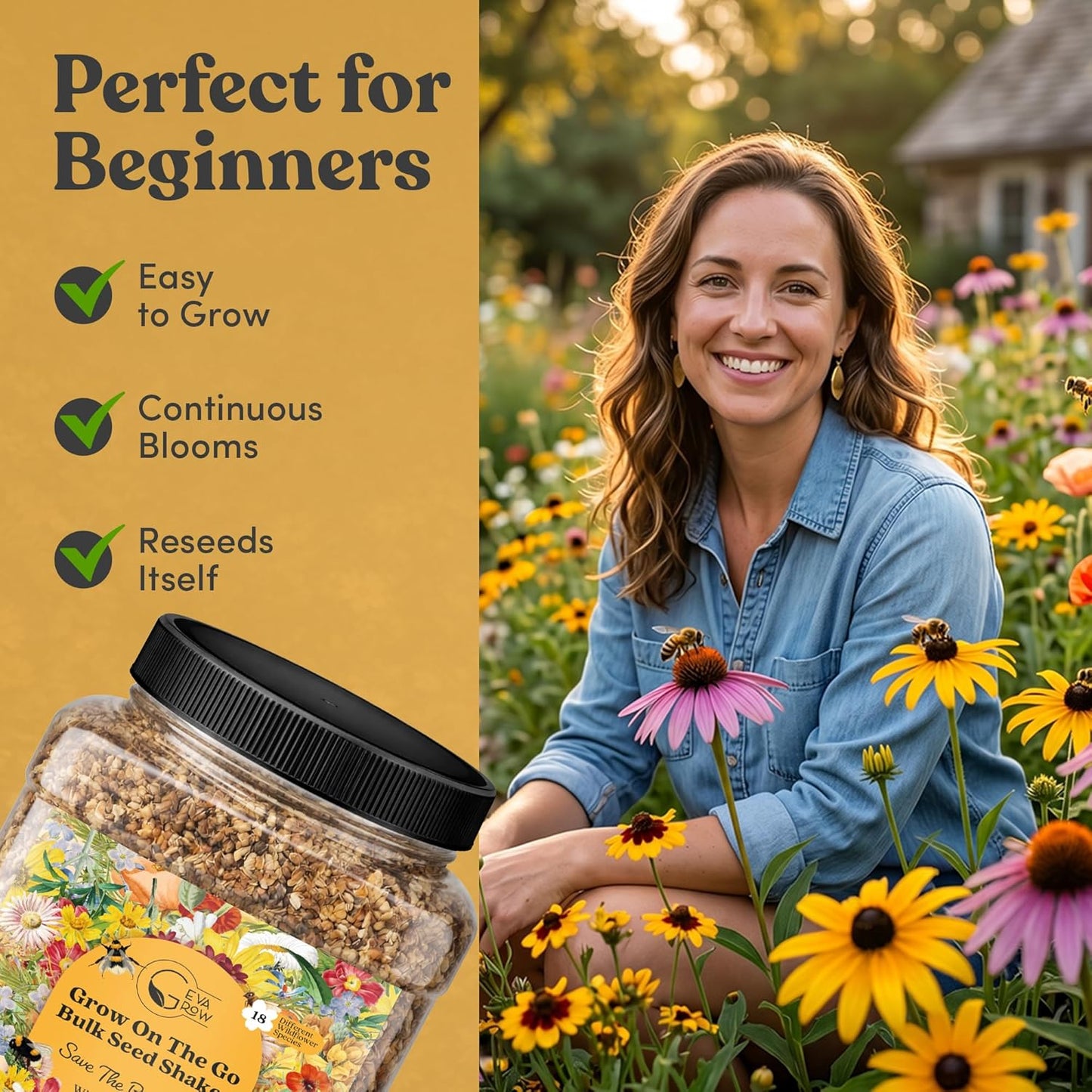 Mini Wildflower Seed Shaker - Save The Bees Seed Mix, by GevaGrow | 80,000+ Seeds | Pollinator & Bee Attracting Flower Seeds Bulk for Planting in Pots & Outdoor Gardens | 2 Ounce