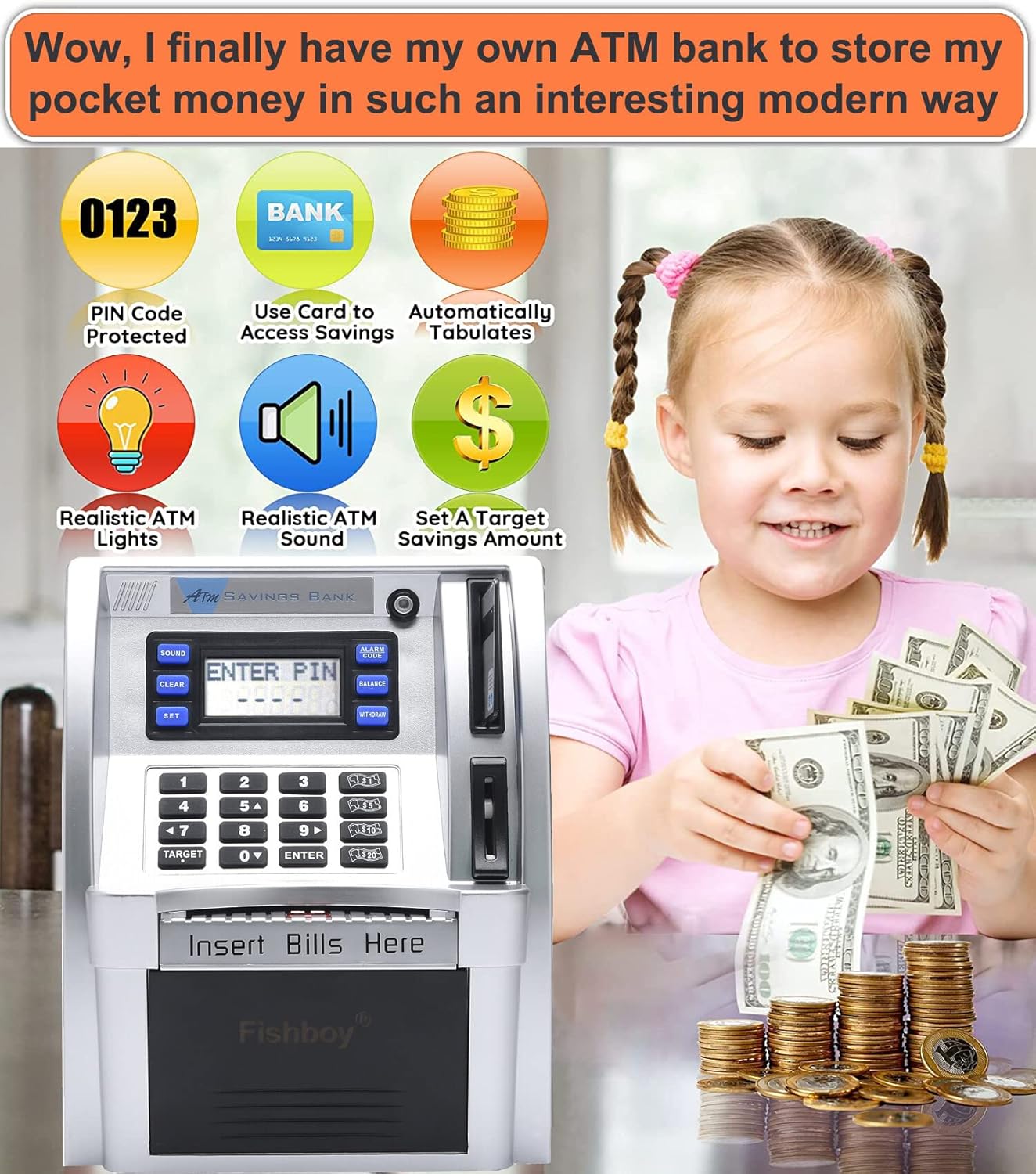 Fishboy Talking Pink ATM Piggy Bank for Kids with Dual Debit Cards, Power-Off Memory, Auto-Opening Drawer for Real Money for Girls, Onekey Shutdown, Bill Feeder, Coin Recognition, Balance Calculator