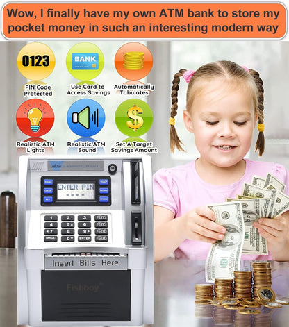 Fishboy Talking Pink ATM Piggy Bank for Kids with Dual Debit Cards, Power-Off Memory, Auto-Opening Drawer for Real Money for Girls, Onekey Shutdown, Bill Feeder, Coin Recognition, Balance Calculator