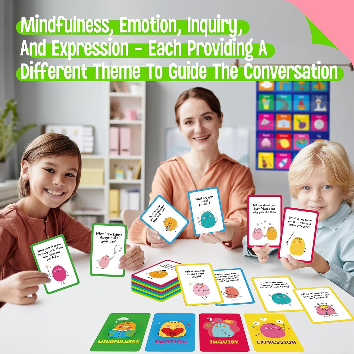 70 Conversation Cards, 4 Category Mindful Talk for Students, Authentic & Meaningful Question Cards for Parents, Kids, Classroom Activity & Road Trip - Improve Expression, Communication, Social Skill