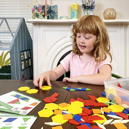 Kids First Math: Pattern Blocks Math Kit w/Activity Cards | 250 Colorful Plastic Geometric Blocks | Explore Geometry, Shapes, Division, Fractions & More | at-Home or Classroom Learning, Ages 3+