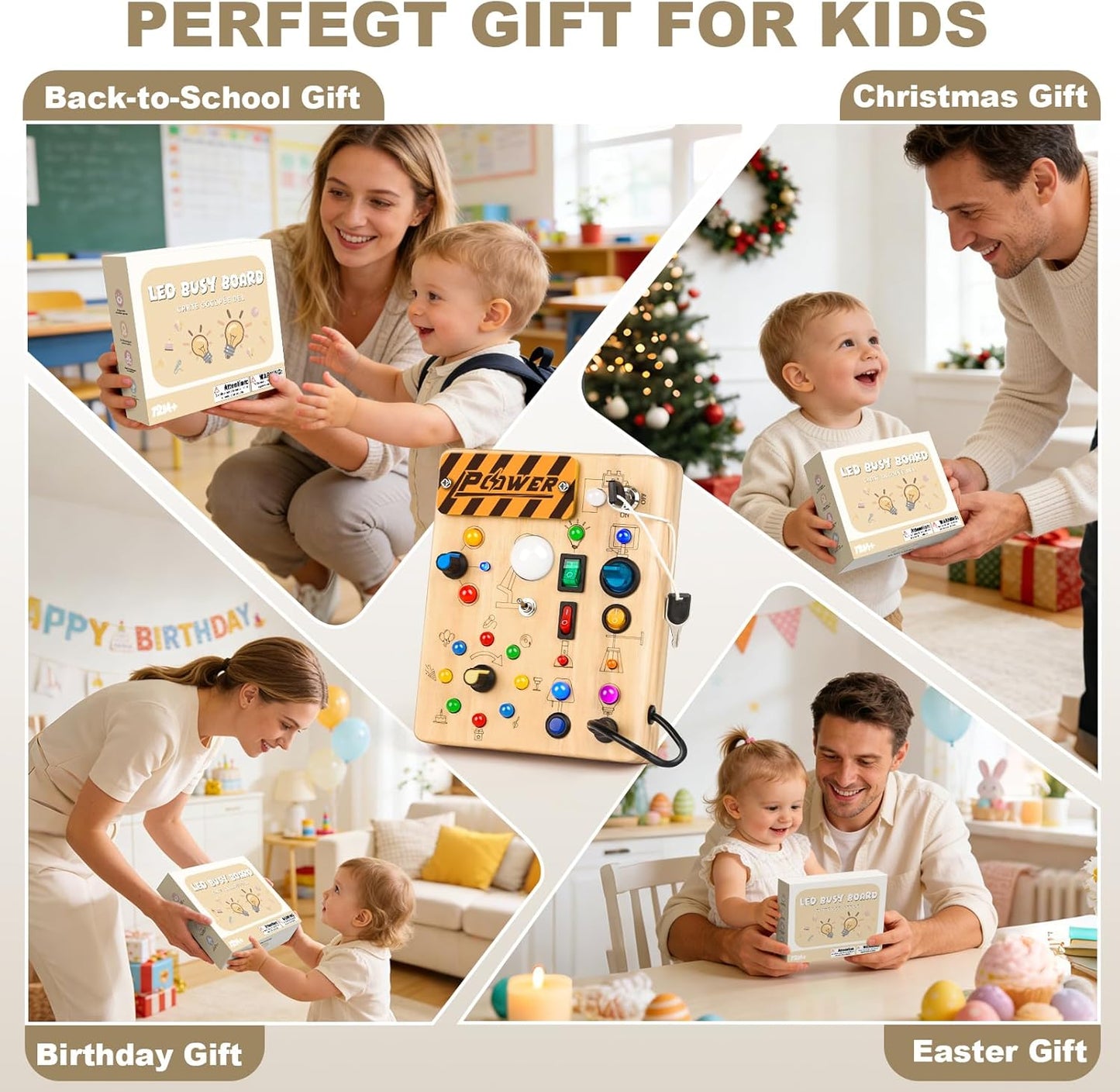 LED Busy Board for Toddlers - Montessori Sensory Toy with 10 Switches & 19 Lights, Wooden Activity Board for Fine Motor Skills, Ideal Educational Birthday Travel Toy Gift for 1 2 3 Year Old Boys Girls