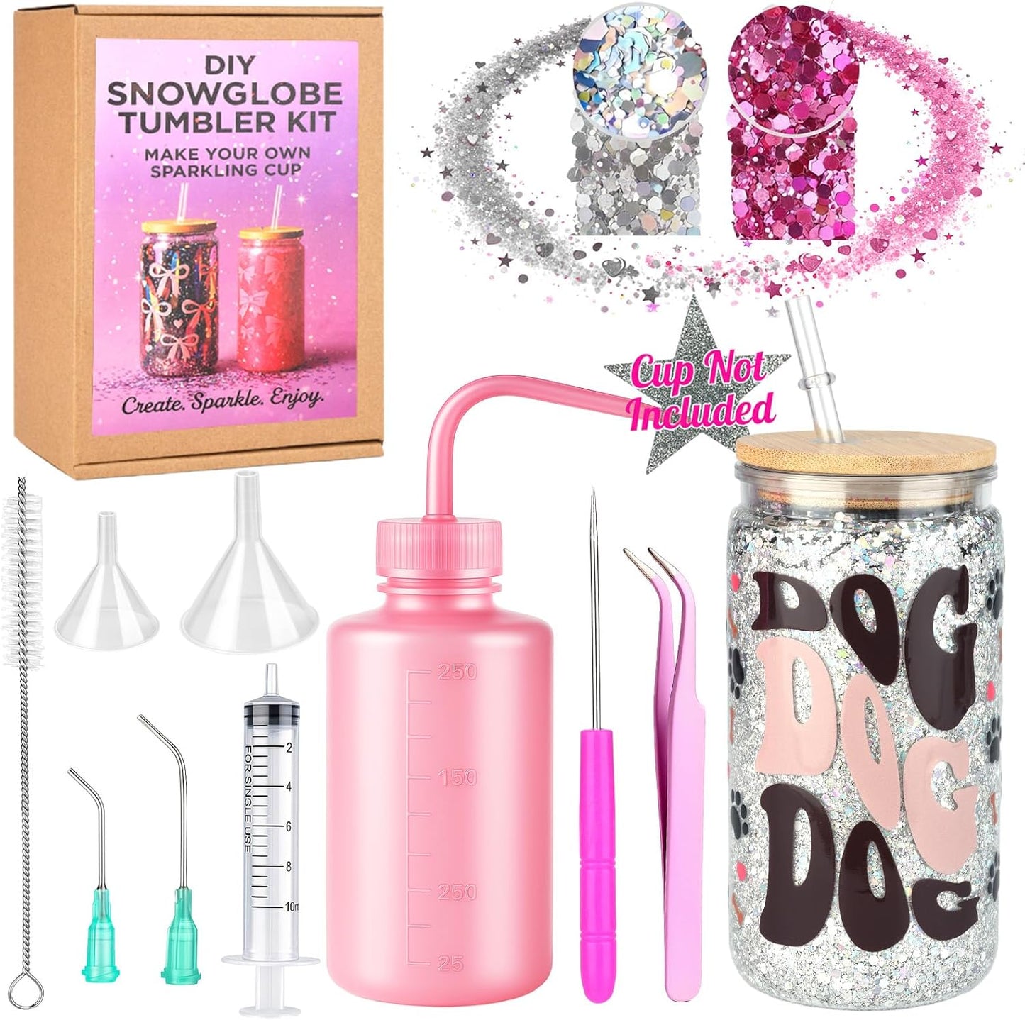 kiddgroo Snow Globe Tumbler Supplies, 25 Pcs DIY Snowglobe Cup Set– Includes 16oz Double-Wall Acrylic Tumbler, Cup Cradle, UV DTF Wraps, Craft Glitter & DIY Tools,Mothers Day Gifts