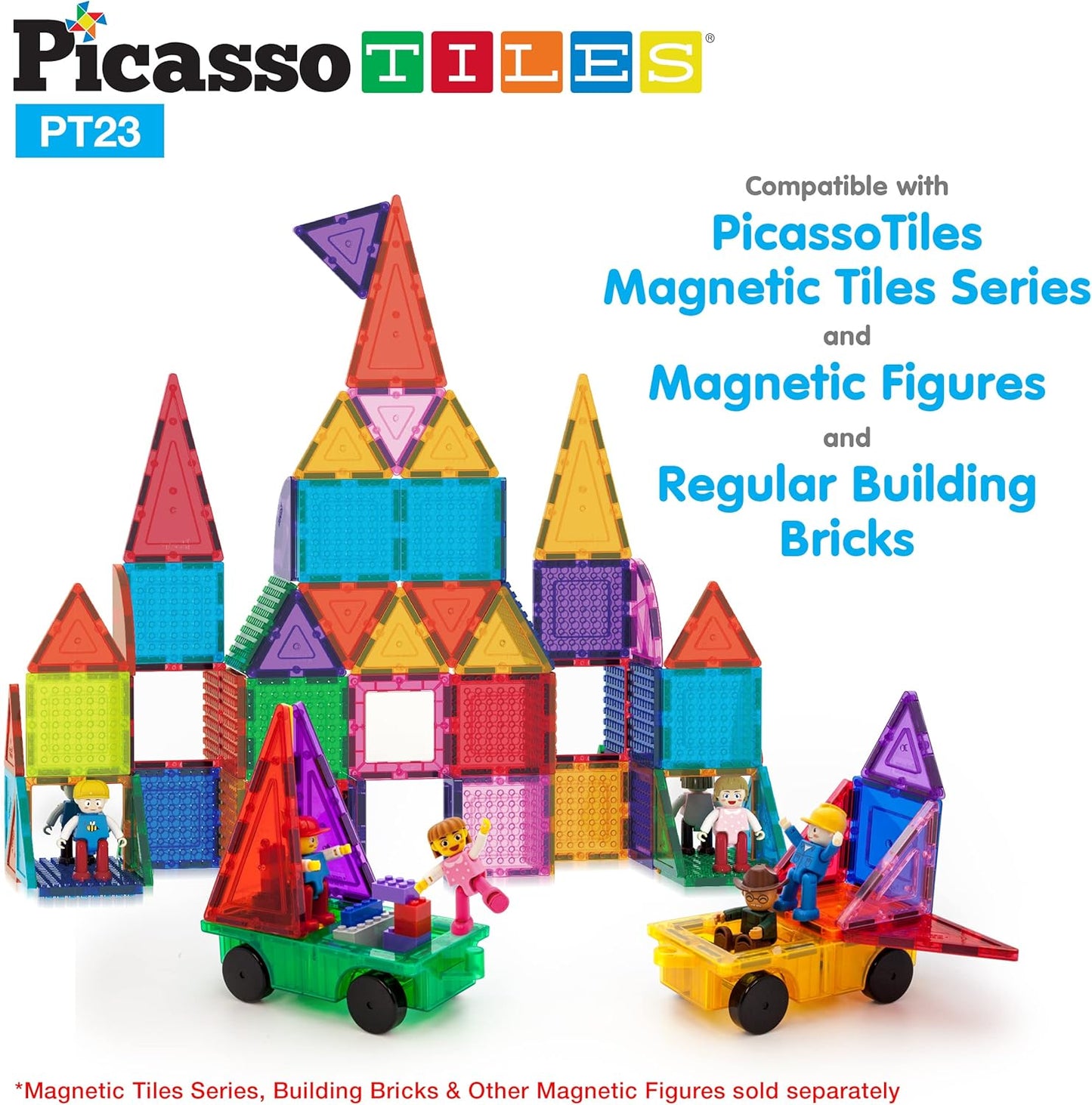 PicassoTiles 2 Piece Car Truck Construction Kit Toy Set Vehicle for Magnetic Blocks Building Tile Sensory Magnet Toys with Re-Enforced Hitch & Long Bed Educational Puzzle Girls Boys Toddlers Ages 3+
