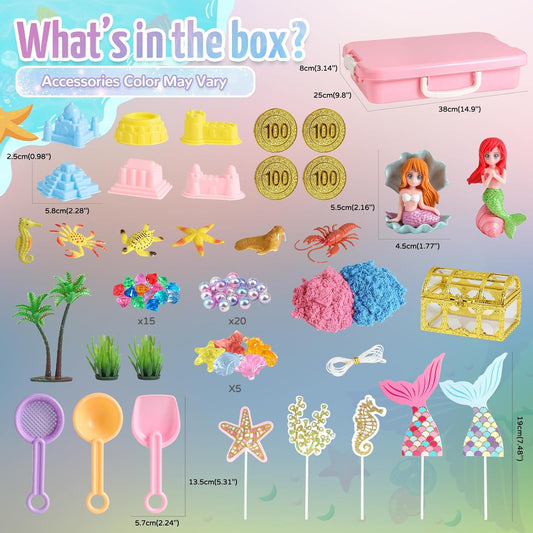 KNASON Mermaid Sensory Bin,Play Sand Art Kit for Girls and Boys with 2.2lbs Sensory Play Colored Sand,Treasure Accessories and Sandbox,Beach Toy Christmas Birthday Present for Kids Ages 3 4 5 6 7 8